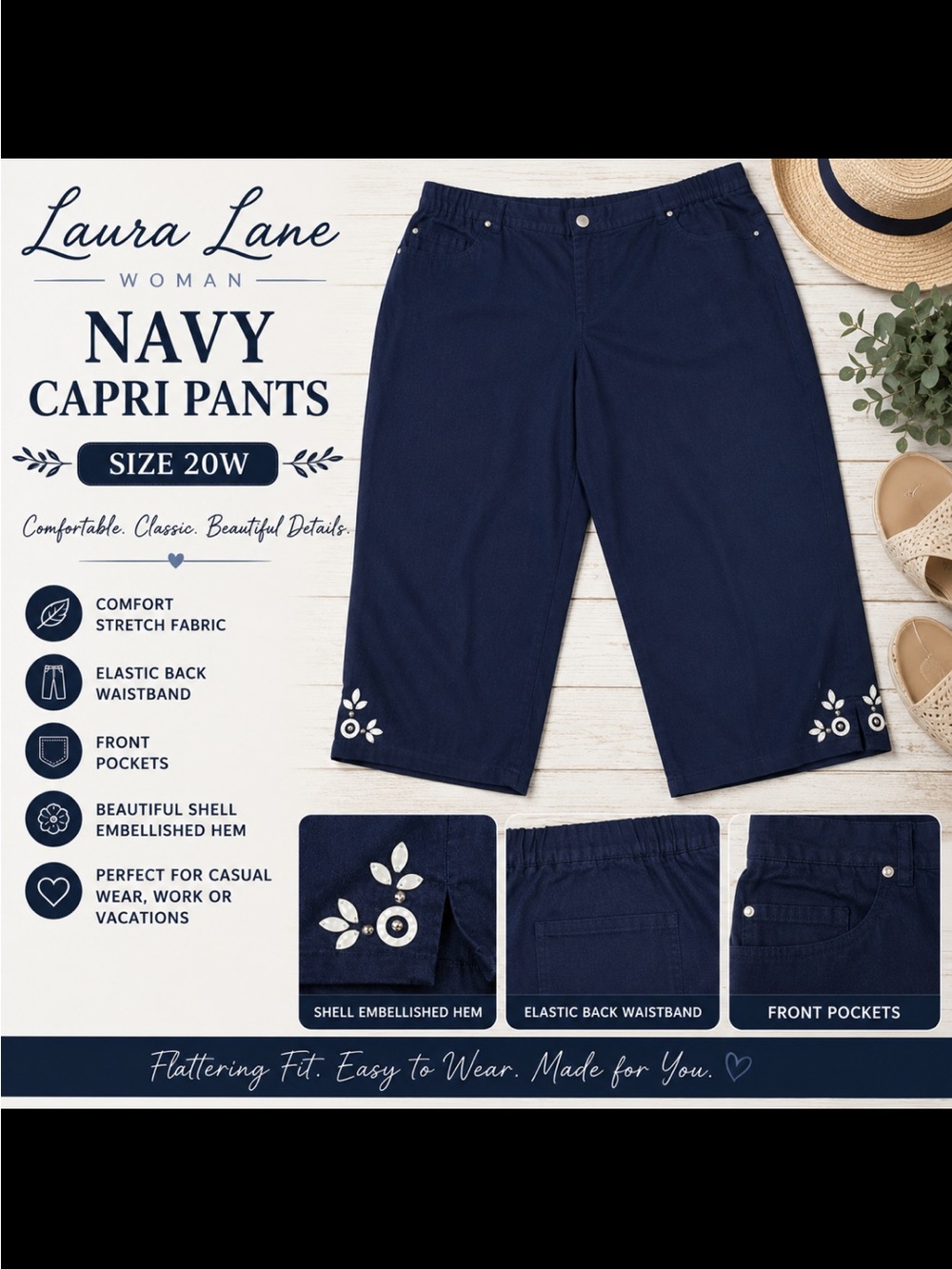 Laura Lane Woman Navy Capri Pants Size 20W Stretch Embellished Hem
